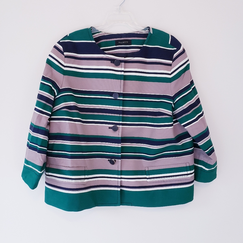 Talbots Striped Green Tan Navy Blue Blazer Button Up Cropped Jacket Size 16 XXL